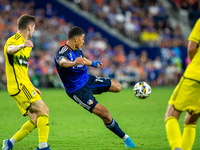 Cincinnati attacker Kevin Kelsy takes a shot on goal during the 'Hell is Real' Major League Soccer match between FC Cincinnati and the Colum...