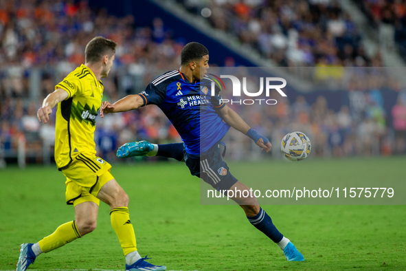 Cincinnati attacker Devin Kelsy takes a shot during the 'Hell is Real' Major League Soccer match between FC Cincinnati and the Columbus Crew...