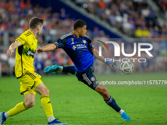 Cincinnati attacker Devin Kelsy takes a shot during the 'Hell is Real' Major League Soccer match between FC Cincinnati and the Columbus Crew...