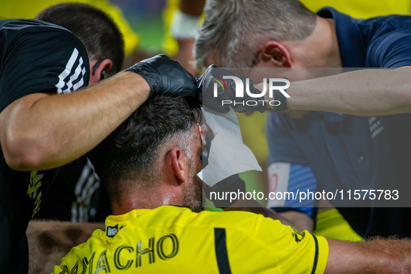 Columbus defender Rudy Camacho receives medical attention during the 'Hell is Real' Major League Soccer match between FC Cincinnati and the...