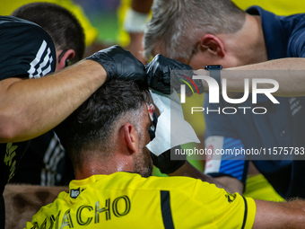 Columbus defender Rudy Camacho receives medical attention during the 'Hell is Real' Major League Soccer match between FC Cincinnati and the...