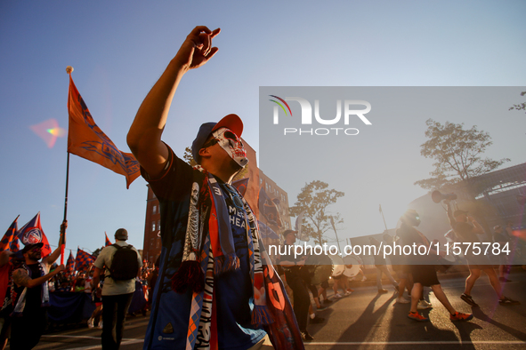 Cincinnati supporters are seen prior to the start of the 'Hell is Real' Major League Soccer match between FC Cincinnati and the Columbus Cre...