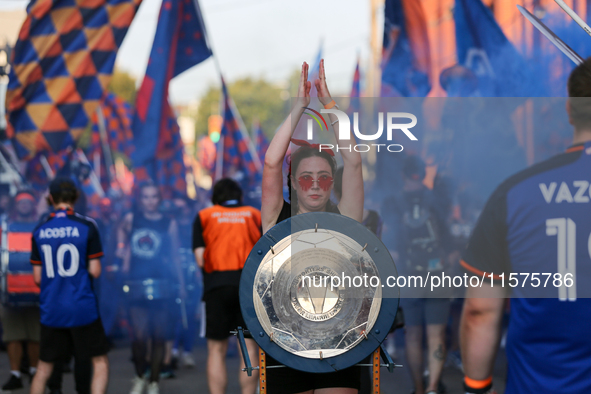 Cincinnati supporters are seen prior to the start of the 'Hell is Real' Major League Soccer match between FC Cincinnati and the Columbus Cre...