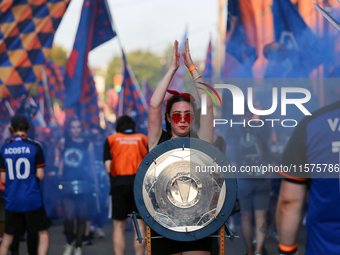 Cincinnati supporters are seen prior to the start of the 'Hell is Real' Major League Soccer match between FC Cincinnati and the Columbus Cre...