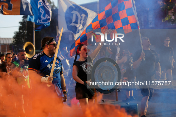 Cincinnati supporters are seen prior to the start of the 'Hell is Real' Major League Soccer match between FC Cincinnati and the Columbus Cre...