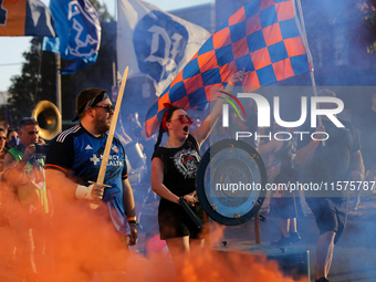 Cincinnati supporters are seen prior to the start of the 'Hell is Real' Major League Soccer match between FC Cincinnati and the Columbus Cre...