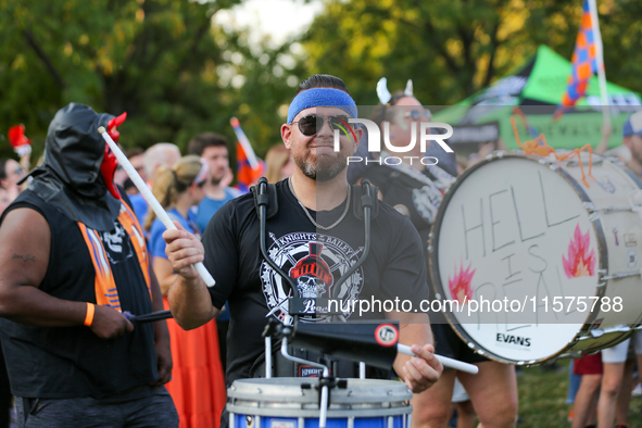 Cincinnati supporters are seen prior to the start of the 'Hell is Real' Major League Soccer match between FC Cincinnati and the Columbus Cre...