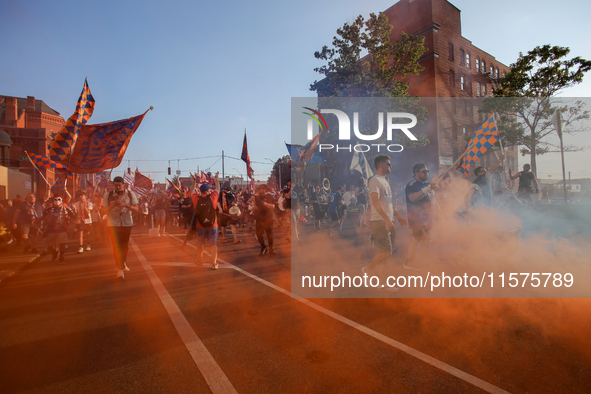 Cincinnati supporters are seen prior to the start of the 'Hell is Real' Major League Soccer match between FC Cincinnati and the Columbus Cre...