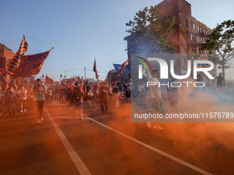 Cincinnati supporters are seen prior to the start of the 'Hell is Real' Major League Soccer match between FC Cincinnati and the Columbus Cre...