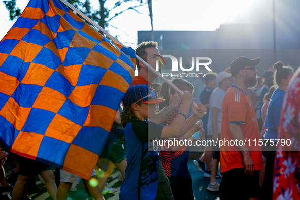 Cincinnati supporters are seen prior to the start of the 'Hell is Real' Major League Soccer match between FC Cincinnati and the Columbus Cre...