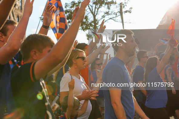 Cincinnati supporters are seen prior to the start of the 'Hell is Real' Major League Soccer match between FC Cincinnati and the Columbus Cre...