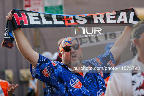 Cincinnati supporters are seen prior to the start of the 'Hell is Real' Major League Soccer match between FC Cincinnati and the Columbus Cre...