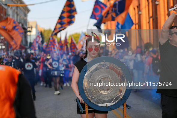 Cincinnati supporters are seen prior to the start of the 'Hell is Real' Major League Soccer match between FC Cincinnati and the Columbus Cre...