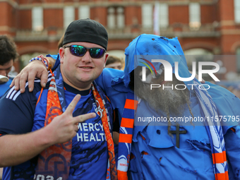 Cincinnati supporters are seen prior to the start of the 'Hell is Real' Major League Soccer match between FC Cincinnati and the Columbus Cre...