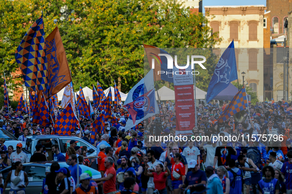 Cincinnati supporters are seen prior to the start of the 'Hell is Real' Major League Soccer match between FC Cincinnati and the Columbus Cre...