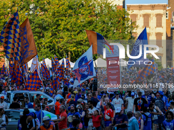 Cincinnati supporters are seen prior to the start of the 'Hell is Real' Major League Soccer match between FC Cincinnati and the Columbus Cre...