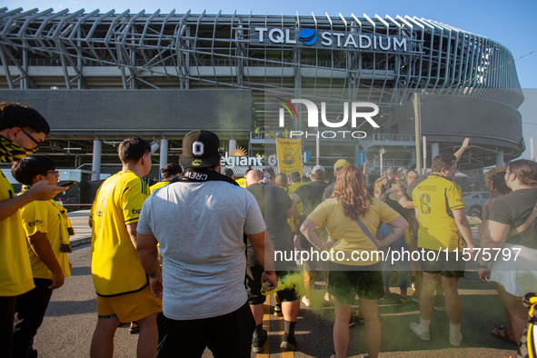 Columbus supporters are seen prior to the start of the 'Hell is Real' Major League Soccer match between FC Cincinnati and the Columbus Crew...