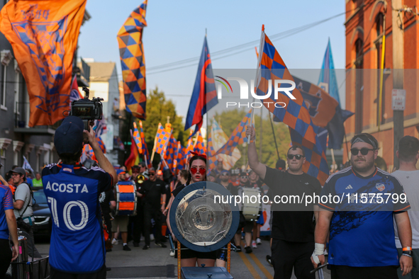 Cincinnati supporters are seen prior to the start of the 'Hell is Real' Major League Soccer match between FC Cincinnati and the Columbus Cre...