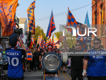 Cincinnati supporters are seen prior to the start of the 'Hell is Real' Major League Soccer match between FC Cincinnati and the Columbus Cre...