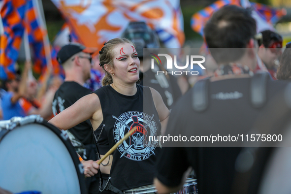 Cincinnati supporters are seen prior to the start of the 'Hell is Real' Major League Soccer match between FC Cincinnati and the Columbus Cre...