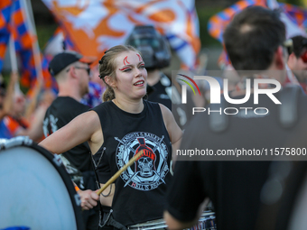 Cincinnati supporters are seen prior to the start of the 'Hell is Real' Major League Soccer match between FC Cincinnati and the Columbus Cre...