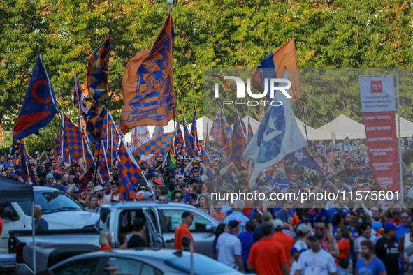 Cincinnati supporters are seen prior to the start of the 'Hell is Real' Major League Soccer match between FC Cincinnati and the Columbus Cre...