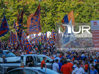 Cincinnati supporters are seen prior to the start of the 'Hell is Real' Major League Soccer match between FC Cincinnati and the Columbus Cre...