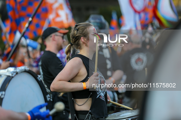 Cincinnati supporters are seen prior to the start of the 'Hell is Real' Major League Soccer match between FC Cincinnati and the Columbus Cre...