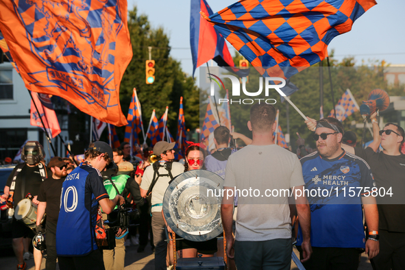 Cincinnati supporters are seen prior to the start of the 'Hell is Real' Major League Soccer match between FC Cincinnati and the Columbus Cre...