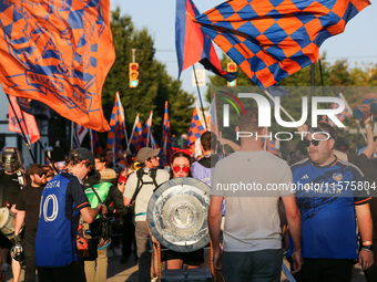 Cincinnati supporters are seen prior to the start of the 'Hell is Real' Major League Soccer match between FC Cincinnati and the Columbus Cre...