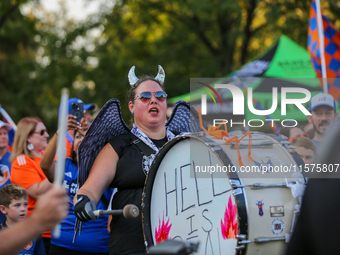 Cincinnati supporters are seen prior to the start of the 'Hell is Real' Major League Soccer match between FC Cincinnati and the Columbus Cre...