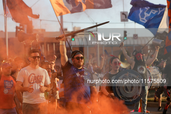 Cincinnati supporters are seen prior to the start of the 'Hell is Real' Major League Soccer match between FC Cincinnati and the Columbus Cre...