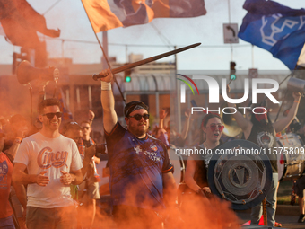 Cincinnati supporters are seen prior to the start of the 'Hell is Real' Major League Soccer match between FC Cincinnati and the Columbus Cre...