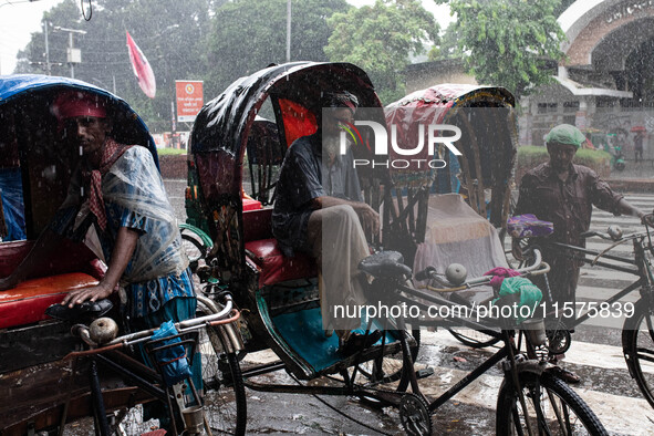 Rickshaw pullers take shelter on their rickshaws as rain continues in Dhaka, Bangladesh, on September 15, 2024. 