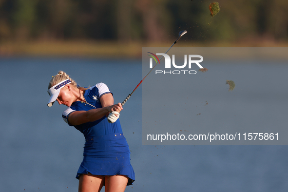 GAINESVILLE, VIRGINIA - SEPTEMBER 14: Charley Hull of Team Europe hits from the 17th fairway during Day Two of the Solheim Cup at Robert Tre...