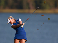 GAINESVILLE, VIRGINIA - SEPTEMBER 14: Charley Hull of Team Europe hits from the 17th fairway during Day Two of the Solheim Cup at Robert Tre...