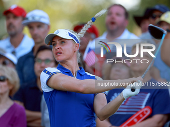 GAINESVILLE, VIRGINIA - SEPTEMBER 14: Charley Hull of Team Europe hits from the 15th tee during Day Two of the Solheim Cup at Robert Trent J...