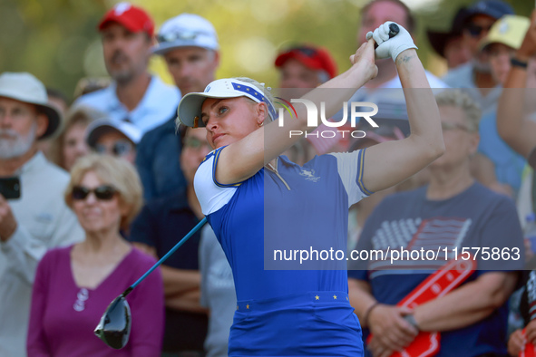 GAINESVILLE, VIRGINIA - SEPTEMBER 14: Charley Hull of Team Europe hits from the 15th tee during Day Two of the Solheim Cup at Robert Trent J...