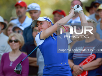 GAINESVILLE, VIRGINIA - SEPTEMBER 14: Charley Hull of Team Europe hits from the 15th tee during Day Two of the Solheim Cup at Robert Trent J...