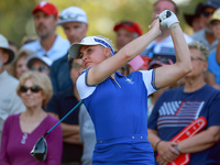 GAINESVILLE, VIRGINIA - SEPTEMBER 14: Charley Hull of Team Europe hits from the 15th tee during Day Two of the Solheim Cup at Robert Trent J...