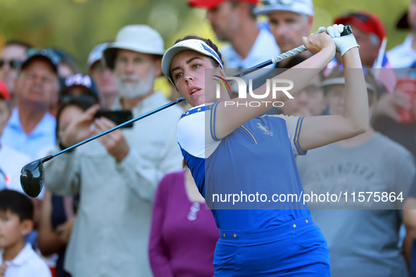 GAINESVILLE, VIRGINIA - SEPTEMBER 14: Georgia Hall of Team Europe hits from the 15th tee during Day Two of the Solheim Cup at Robert Trent J...