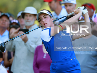 GAINESVILLE, VIRGINIA - SEPTEMBER 14: Georgia Hall of Team Europe hits from the 15th tee during Day Two of the Solheim Cup at Robert Trent J...