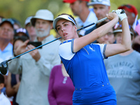 GAINESVILLE, VIRGINIA - SEPTEMBER 14: Georgia Hall of Team Europe hits from the 15th tee during Day Two of the Solheim Cup at Robert Trent J...