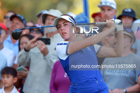 GAINESVILLE, VIRGINIA - SEPTEMBER 14: Georgia Hall of Team Europe hits from the 15th tee during Day Two of the Solheim Cup at Robert Trent J...