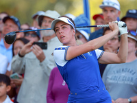 GAINESVILLE, VIRGINIA - SEPTEMBER 14: Georgia Hall of Team Europe hits from the 15th tee during Day Two of the Solheim Cup at Robert Trent J...