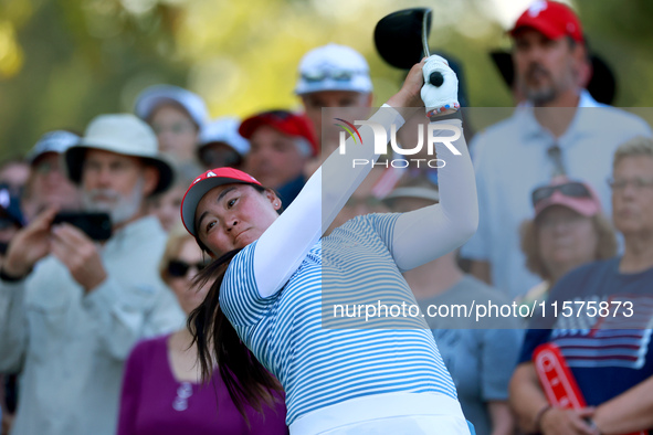 GAINESVILLE, VIRGINIA - SEPTEMBER 14: Allisen Corpuz of the United States hits from the 15th tee during Day Two of the Solheim Cup at Robert...