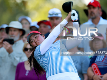 GAINESVILLE, VIRGINIA - SEPTEMBER 14: Allisen Corpuz of the United States hits from the 15th tee during Day Two of the Solheim Cup at Robert...