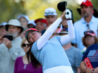 GAINESVILLE, VIRGINIA - SEPTEMBER 14: Allisen Corpuz of the United States hits from the 15th tee during Day Two of the Solheim Cup at Robert...