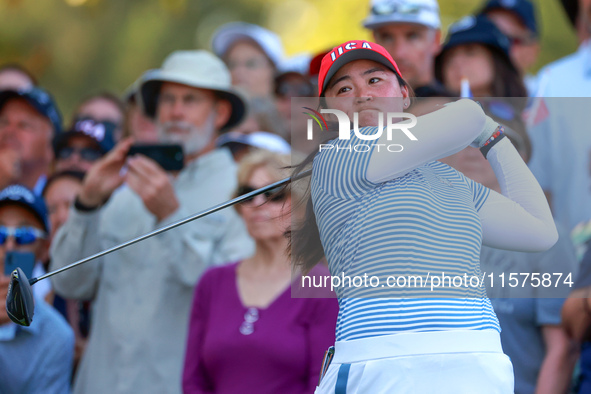 GAINESVILLE, VIRGINIA - SEPTEMBER 14: Allisen Corpuz of the United States hits from the 15th tee during Day Two of the Solheim Cup at Robert...