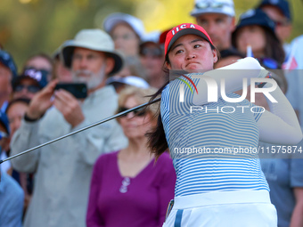 GAINESVILLE, VIRGINIA - SEPTEMBER 14: Allisen Corpuz of the United States hits from the 15th tee during Day Two of the Solheim Cup at Robert...